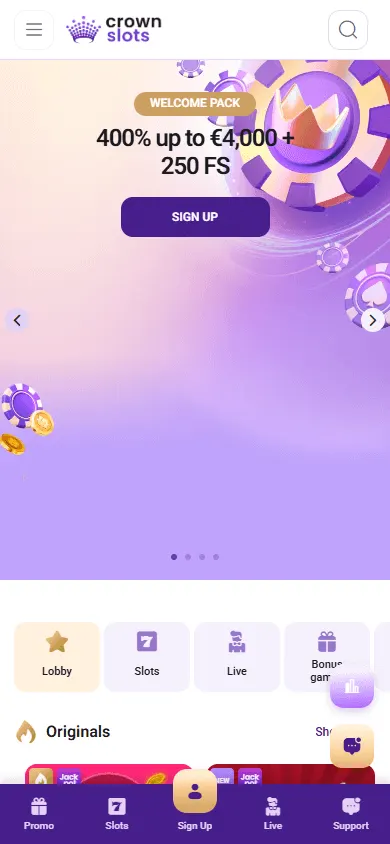 Crownslots Casino mobile browser game lobby