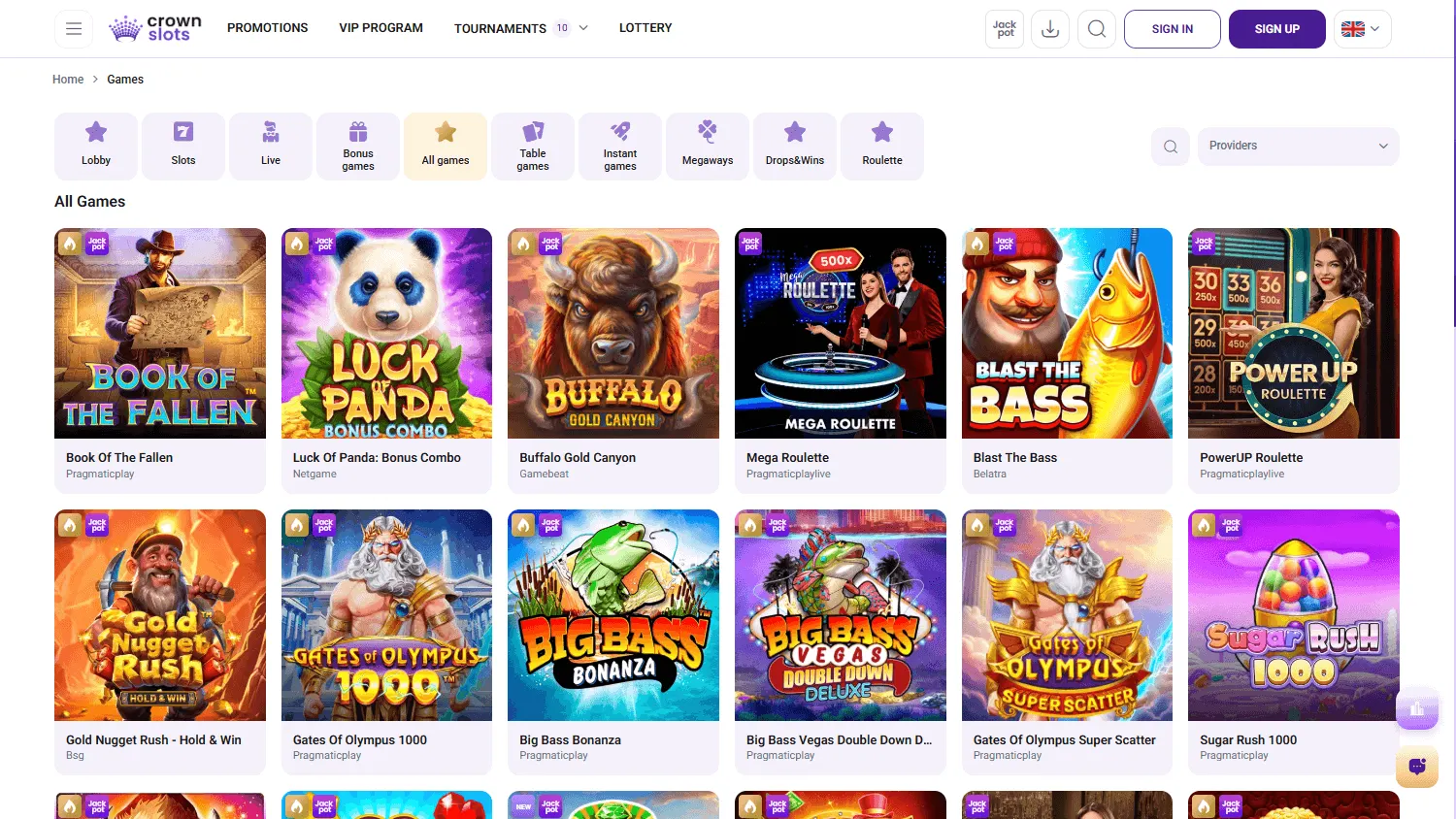Crownslots Casino desktop games selection with casino categories