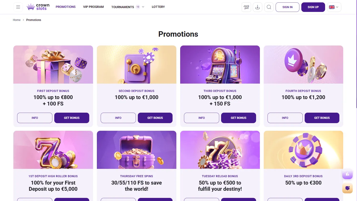 Crownslots Casino desktop promotions and rewards area
