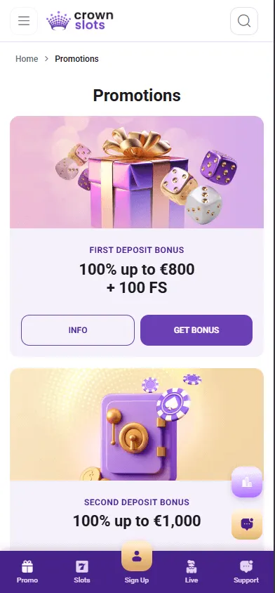Crownslots Casino mobile promotions area