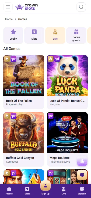Crownslots Casino mobile game selection